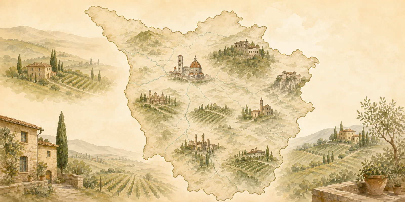 Mappa illustrata della Toscana con le destinazioni raggiungibili da Perla Toscana